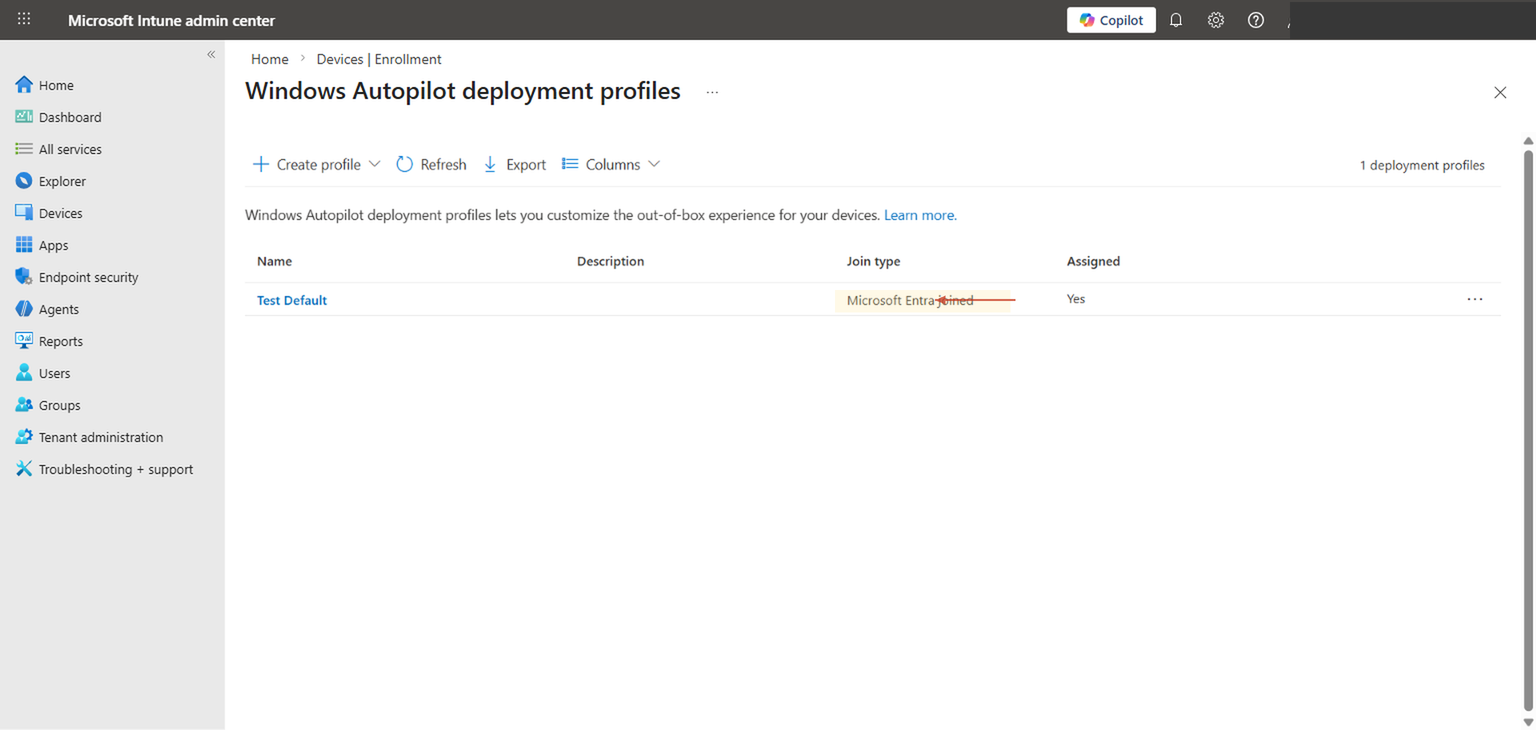 Deployment profiles list showing a profile with Microsoft Entra joined as the join type