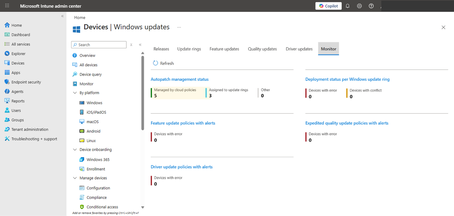 Windows updates Monitor tab showing Autopatch management status and deployment health
