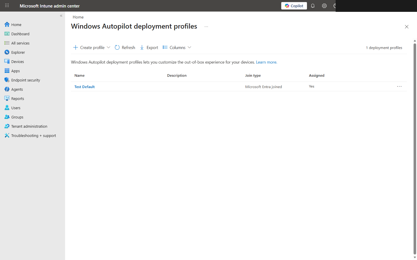 Windows Autopilot deployment profiles configuration in Intune