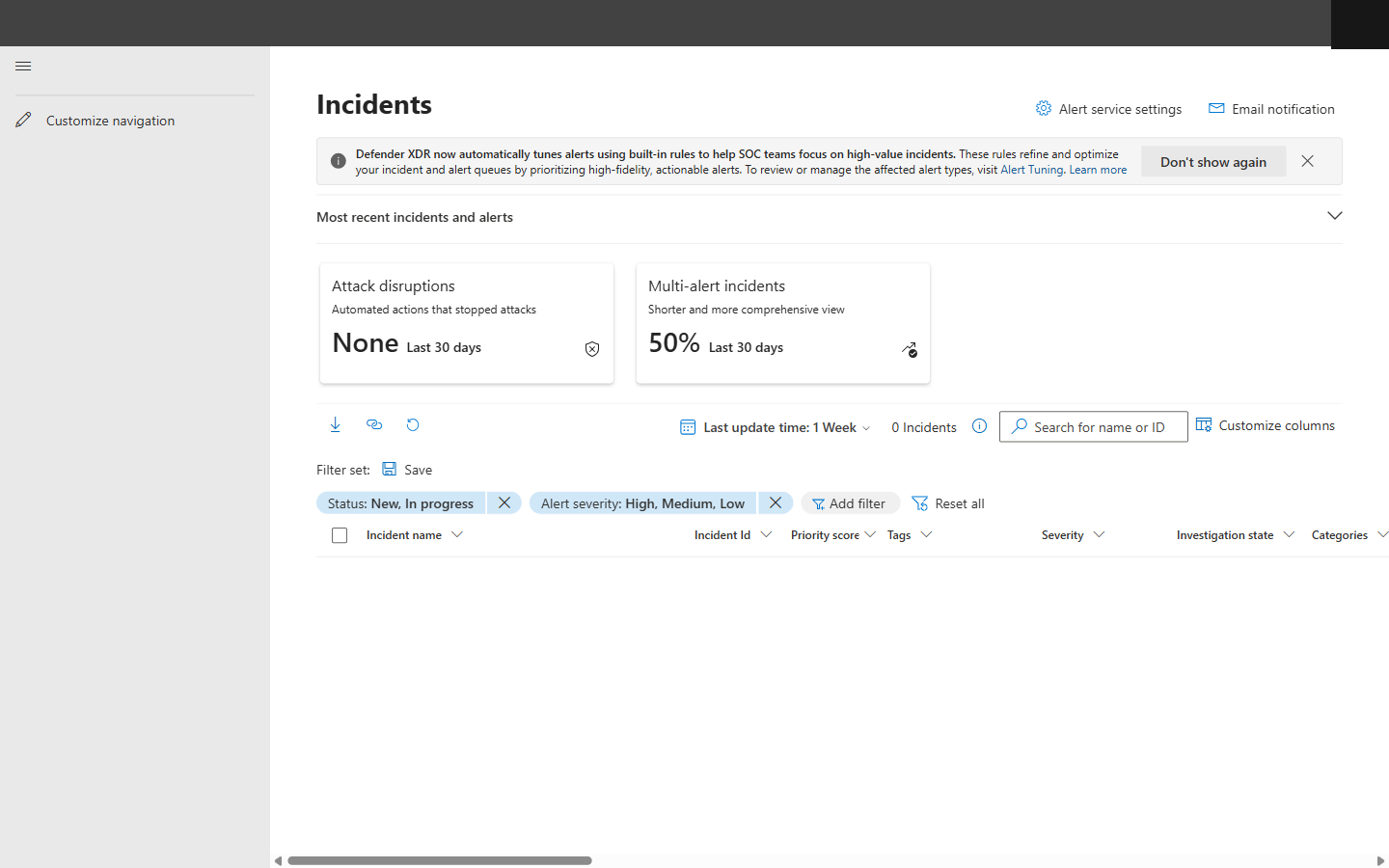 Defender XDR Incidents queue with severity filters, Attack Disruption KPIs, and multi-alert incident metrics