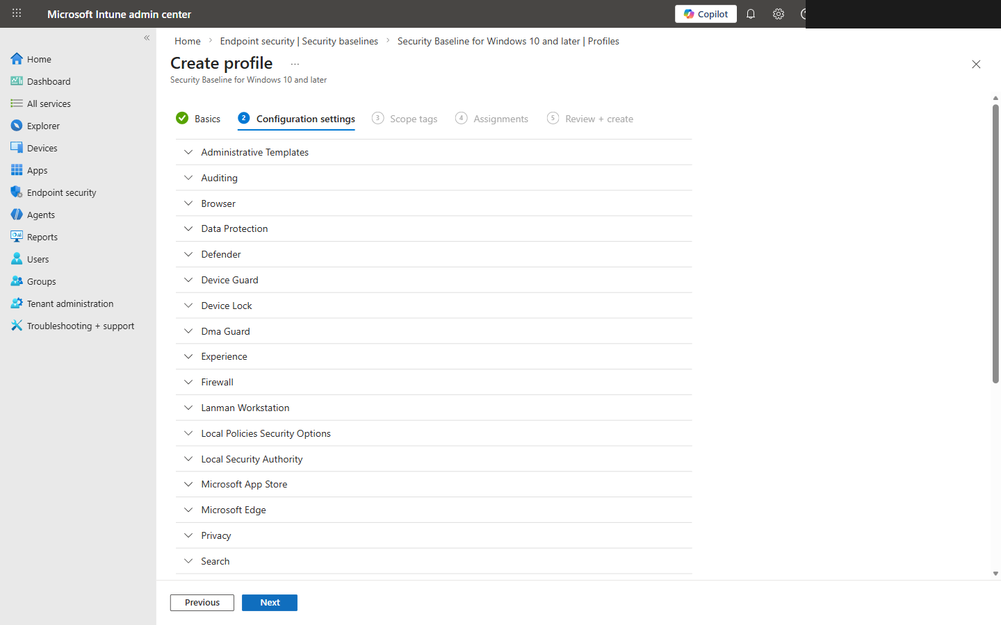 Baseline settings showing BitLocker encryption configuration options in Intune